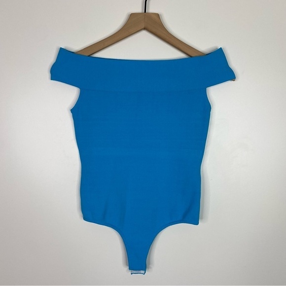 Jay Godfrey Bright Blue Foster Off the Shoulder Knit Stretchy Thong Bodysuit - Picture 1 of 8